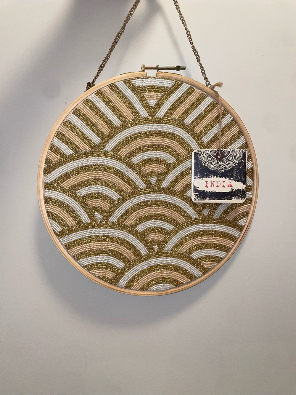 Handmade Gold and White Hoop Wall Art - India Tag